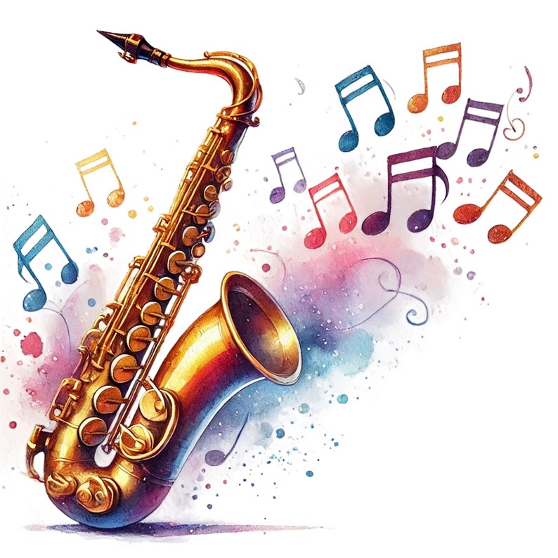 Op de afbeelding: Een gouden saxofoon met een aquarel achtergrond en kleurrijke muzieknoten. De saxofoon is een koperen instrument met een bel en toetsen.