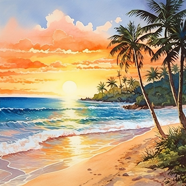 May include: A watercolor painting of a tropical beach scene with palm trees, a sunset, and waves crashing on the shore.