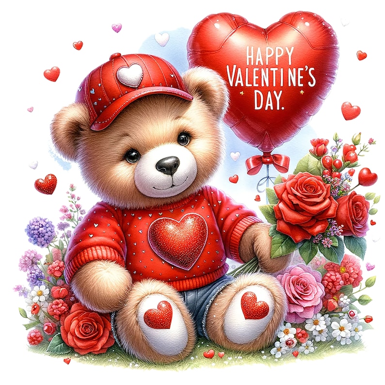 Op de afbeelding: Een bruine teddybeer met een rode muts en trui met een hartvormig ontwerp, die een bos rode rozen en een rode hartvormige ballon vasthoudt waarop "Happy Valentine's Day" staat.