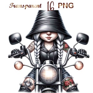 May include: A cartoon woman with white braids and a black hat rides a motorcycle. She is wearing a black leather jacket and denim shorts. She has tattoos on her arms and legs.
