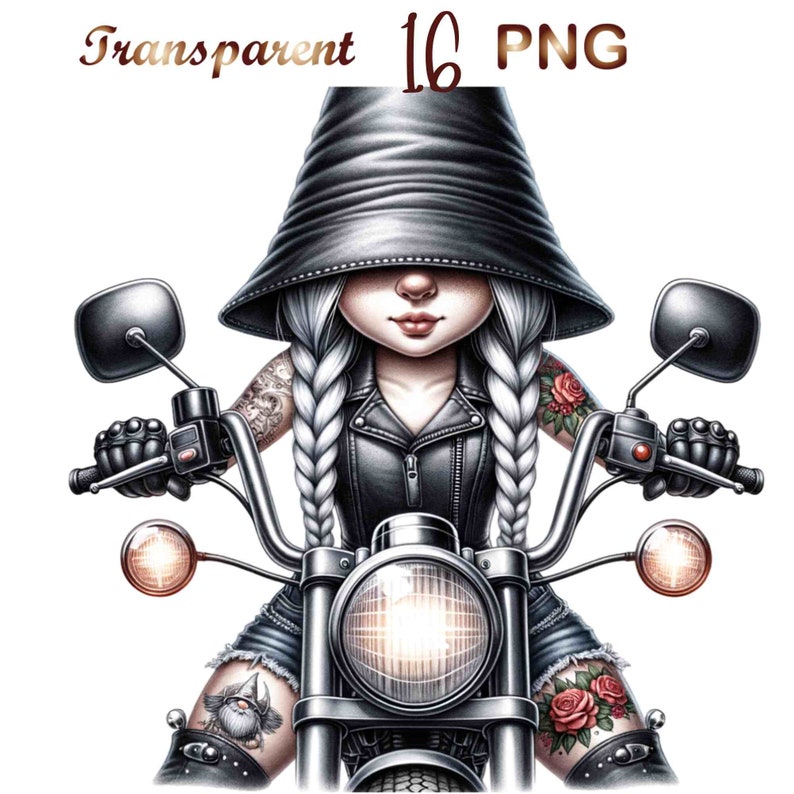 May include: A cartoon woman with white braids and a black hat rides a motorcycle. She is wearing a black leather jacket and denim shorts. She has tattoos on her arms and legs.