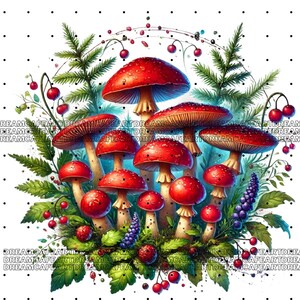 May include: A cluster of red and white mushrooms with white spots, surrounded by green leaves and red berries. The mushrooms are arranged in a circle, with the largest mushroom in the center.