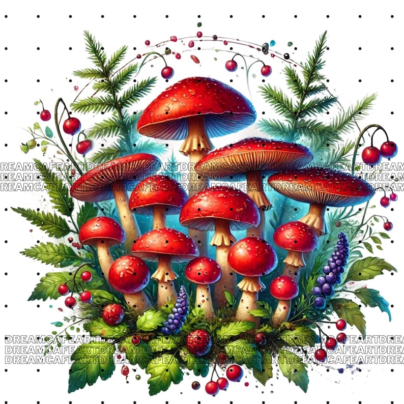 May include: A cluster of red and white mushrooms with white spots, surrounded by green leaves and red berries. The mushrooms are arranged in a circle, with the largest mushroom in the center.