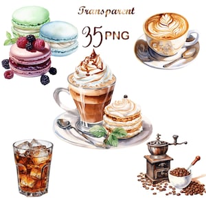 May include: A watercolor illustration of a coffee and dessert themed set. The set includes a cup of cappuccino, a glass of iced coffee, a coffee grinder, a plate of macarons, a plate of coffee cake, and a cup of coffee with whipped cream.