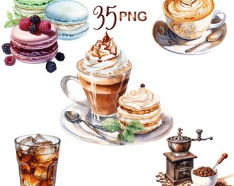 35 PNG, Watercolor coffee clipart,Coffee drinks clipart,Vintage coffee pots,coffee grinders, Coffee beans, Cup of coffee, Coffee Sublimation