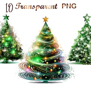 Pode incluir: Tr&ecirc;s &aacute;rvores de Natal verdes com estrelas douradas no topo, decoradas com luzes e ornamentos. As &aacute;rvores est&atilde;o sobre um fundo branco.