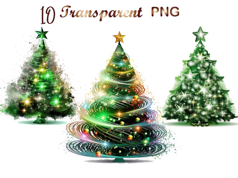 Pode incluir: Tr&ecirc;s &aacute;rvores de Natal verdes com estrelas douradas no topo, decoradas com luzes e ornamentos. As &aacute;rvores est&atilde;o sobre um fundo branco.