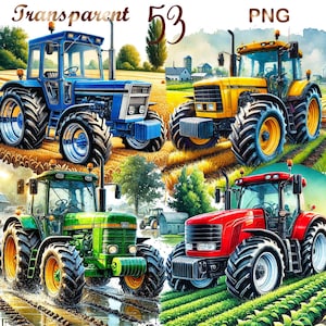 Puede incluir: Cuatro tractores diferentes en un campo. Un tractor azul, un tractor amarillo, un tractor verde y un tractor rojo.