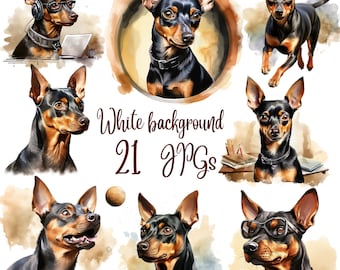 Watercolor Miniature Pinscher Clipart: 21 Dog Breed JPGs (Digital Download)