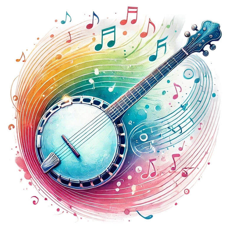 Op de afbeelding: Een aquarel-illustratie van een banjo met muzieknoten en kleurrijke swirls op de achtergrond.