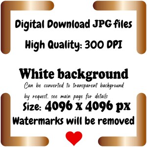 May include: Digital download JPG files with a white background, high quality at 300 DPI. The image size is 4096 x 4096 px. Watermarks will be removed. The background can be converted to transparent. See main page for details.