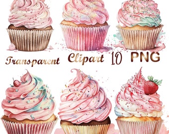 10 Watercolor Cupcake Clipart,PNG,Baking Clipart,Dessert Clipart,Food Clipart,Sweet Clipart,Birthday Clipart,Kawaii Clipart,Digital Download