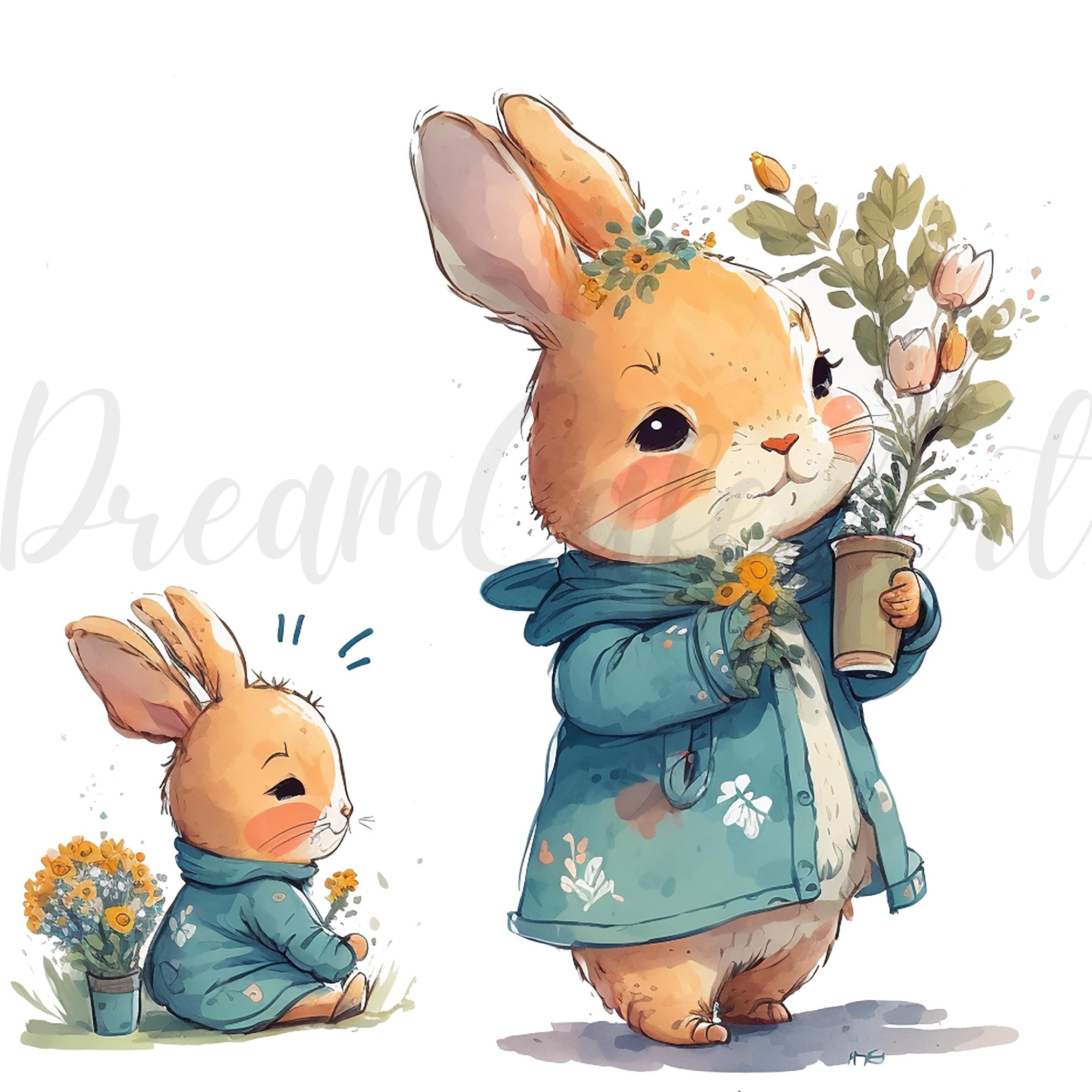 Watercolor Bunny Flower Clipart, Cute Rabbit PNG JPG (digital Download ...