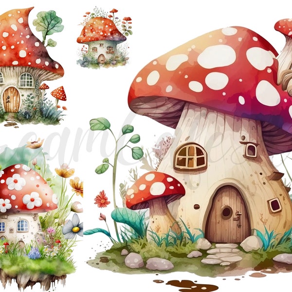 10 maison champignon aquarelle, cliparts JPG, clipart maison champignon illustré, maison champignon magique, clipart aquarelle, usage commercial