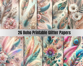 May include: 26 printable digital papers featuring a boho theme with glitter accents. The papers feature feathers, flowers, and geometric patterns in shades of pink, blue, green, and gold.