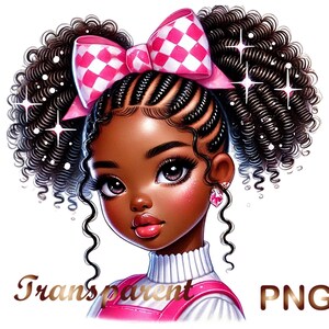 May include: A digital illustration of a young Black girl with curly hair styled in two pigtails with pink and white checked bows. She is wearing a white turtleneck sweater and a pink overall dress. The background is white.