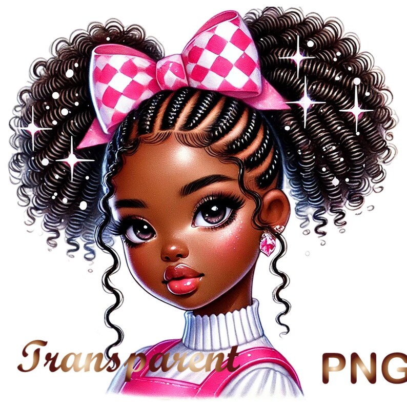 May include: A digital illustration of a young Black girl with curly hair styled in two pigtails with pink and white checked bows. She is wearing a white turtleneck sweater and a pink overall dress. The background is white.