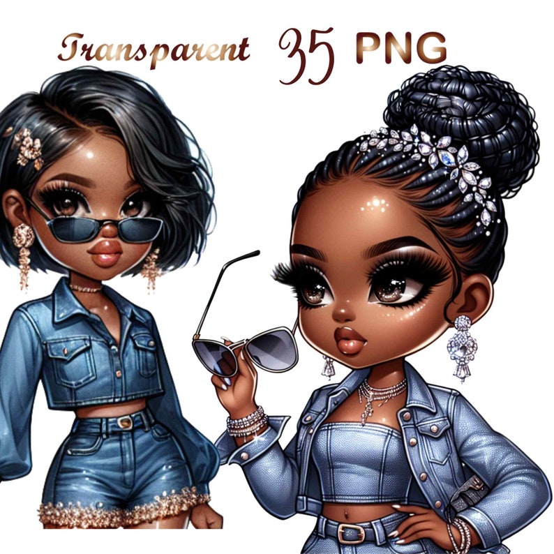 May include: Two cartoon illustrations of Black women with dark brown skin, wearing denim jackets, jeans, and sunglasses. One woman has short black hair and the other has long black braids with a jeweled headband.