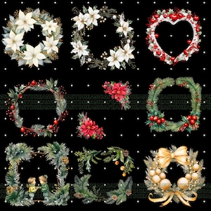 May include: A selection of watercolour Christmas wreaths and floral arrangements on a black background with white polka dots. The wreaths feature poinsettias, berries, and evergreen branches. Some wreaths are heart-shaped.