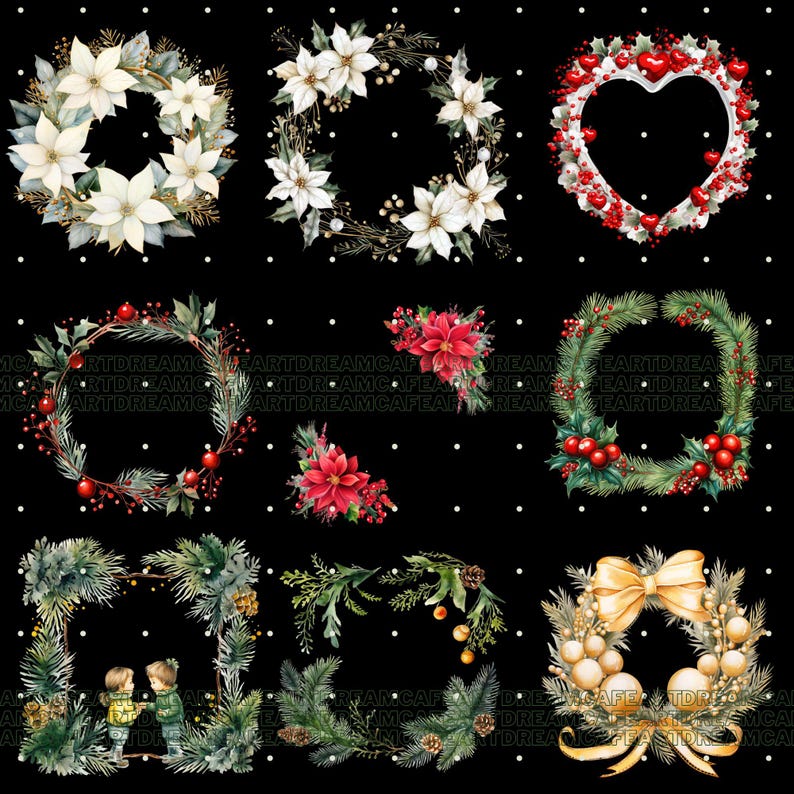May include: A selection of watercolour Christmas wreaths and floral arrangements on a black background with white polka dots. The wreaths feature poinsettias, berries, and evergreen branches. Some wreaths are heart-shaped.