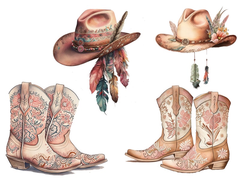 May include: Two pairs of cowboy boots with floral embroidery. The boots are a light brown colour with white accents. The boots have a pointed toe and a high heel. The boots are decorated with pink and white flowers and leaves.