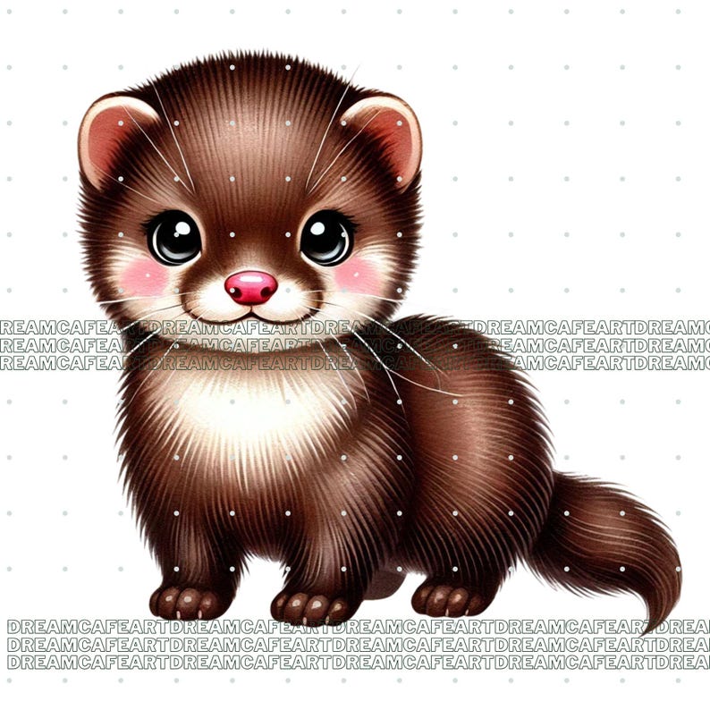 Puede incluir: Ilustraci&oacute;n digital de un lindo hur&oacute;n con pelaje marr&oacute;n, pecho blanco y nariz rosa. El hur&oacute;n tiene ojos grandes y expresivos y est&aacute; sobre un fondo blanco con peque&ntilde;os puntos. El texto "DREAMCAFEARTDREAM" se repite en la parte inferior.