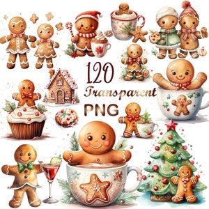 120 Watercolor Gingerbread Man Png, Gingerbread Clipart, Winter Clipart, Cute Christmas Png,Transparent Background,Gingerbread House Clipart