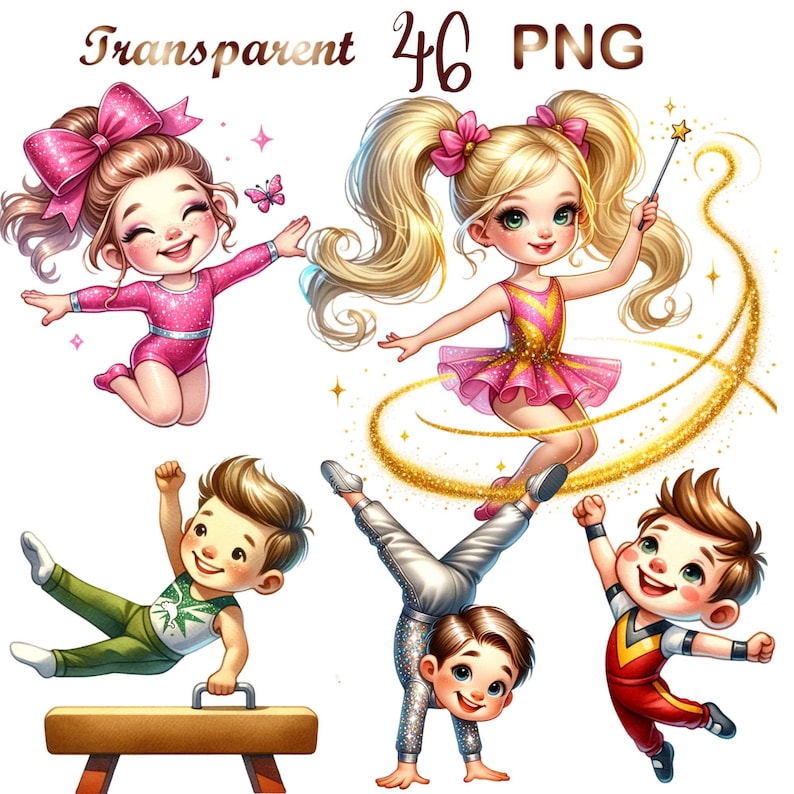 Puede incluir: Cuatro ni&ntilde;os de dibujos animados realizando gimnasia. Una ni&ntilde;a con un leotardo rosa y un lazo brillante en el pelo est&aacute; haciendo una parada de manos. Una ni&ntilde;a con un leotardo rosa y un lazo brillante en el pelo est&aacute; haciendo una parada de manos. Un ni&ntilde;o con una camisa roja y amarilla est&aacute; haciendo una parada de manos. Un ni&ntilde;o con una camisa verde y blanca est&aacute; haciendo una parada de manos en una viga de equilibrio de madera. El fondo es blanco.