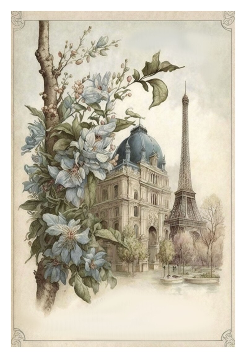 May include: A watercolor painting of the Eiffel Tower in Paris, France. The tower is in the background, and in the foreground is a building with a blue dome and a blooming tree with blue flowers.
