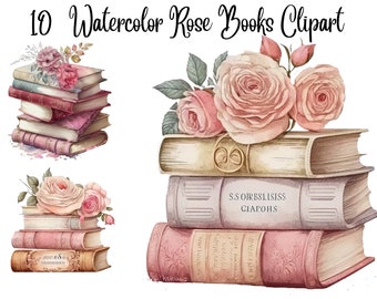 10 Watercolor Rose Books Clipart, JPGs, Commercial use,Digital Paper Crafting,Digital Planner,Watercolor, Digital Download, Books clipart