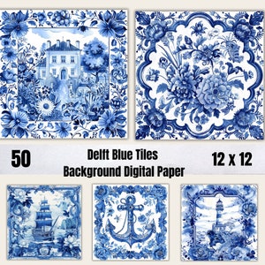 Juego de 50 papeles digitales con fondo de azulejos azules de Delft, papel de diario basura con flores azules, azulejos azules de Delft imprimibles, álbum de recortes digital