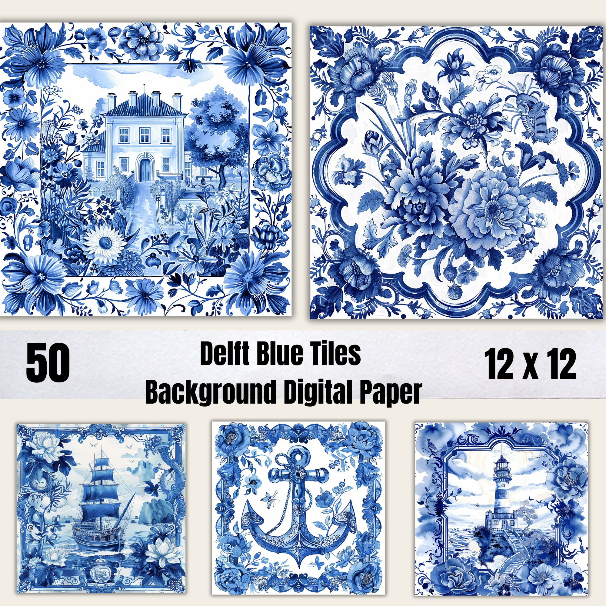 50 Delft Blue Tiles Background Digital Paper Set, Blue