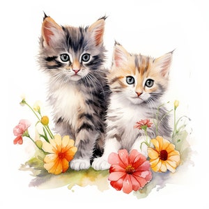 May include: A watercolour painting of two kittens with fluffy fur and blue eyes, surrounded by colourful flowers. One kitten is grey and brown, the other is tan and white. The flowers are red, yellow, and pink.