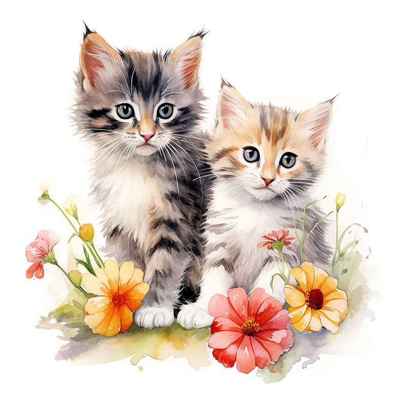 May include: A watercolour painting of two kittens with fluffy fur and blue eyes, surrounded by colourful flowers. One kitten is grey and brown, the other is tan and white. The flowers are red, yellow, and pink.