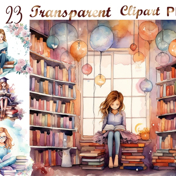 23 Watercolor Girl Sitting on Stacked Books Clipart Bundle,Png,Reading Clipart,Back to School Clipart, Kids Art, Stack of Books Png, Outdoor