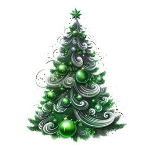 Pode incluir: Uma &aacute;rvore de Natal verde decorada com enfeites verdes e redemoinhos brancos. A &aacute;rvore tem uma estrela no topo.