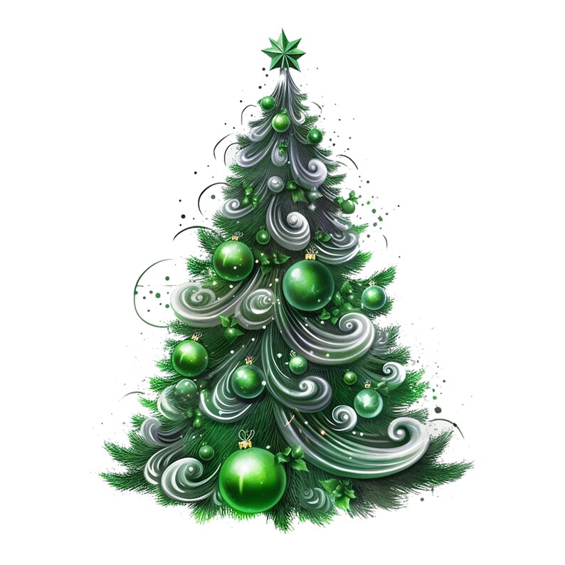Pode incluir: Uma &aacute;rvore de Natal verde decorada com enfeites verdes e redemoinhos brancos. A &aacute;rvore tem uma estrela no topo.