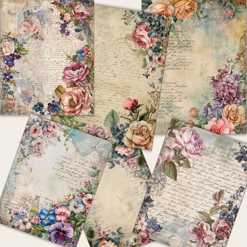 70 Floral Old Vintage Junk Journal Pages, Digital Scrapbook Paper Kit ...
