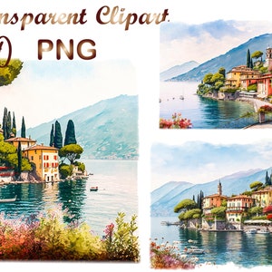 May include: Watercolor clipart set featuring three scenic views of a lakeside village with colorful buildings, lush greenery, and boats. The text "Transparent Clipart" and "10 PNG" are at the top. The artwork has a soft, painterly style with a focus on natural light and vibrant colors.