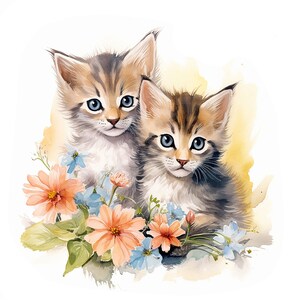 May include: A watercolour painting of two kittens with blue eyes, set amongst peach and blue flowers. The kittens have brown and grey striped fur. The background is a soft yellow wash, creating a gentle and artistic feel. A charming depiction of feline companionship.