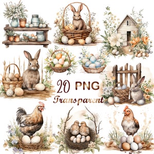 Pode incluir: Um conjunto de 20 ilustrações de aquarela com elementos temáticos de Páscoa. As ilustrações incluem coelhos, pintinhos, ovos, cestas, flores e uma casa de fazenda. As ilustrações são perfeitas para criar cartões de Páscoa, convites e outras manualidades.