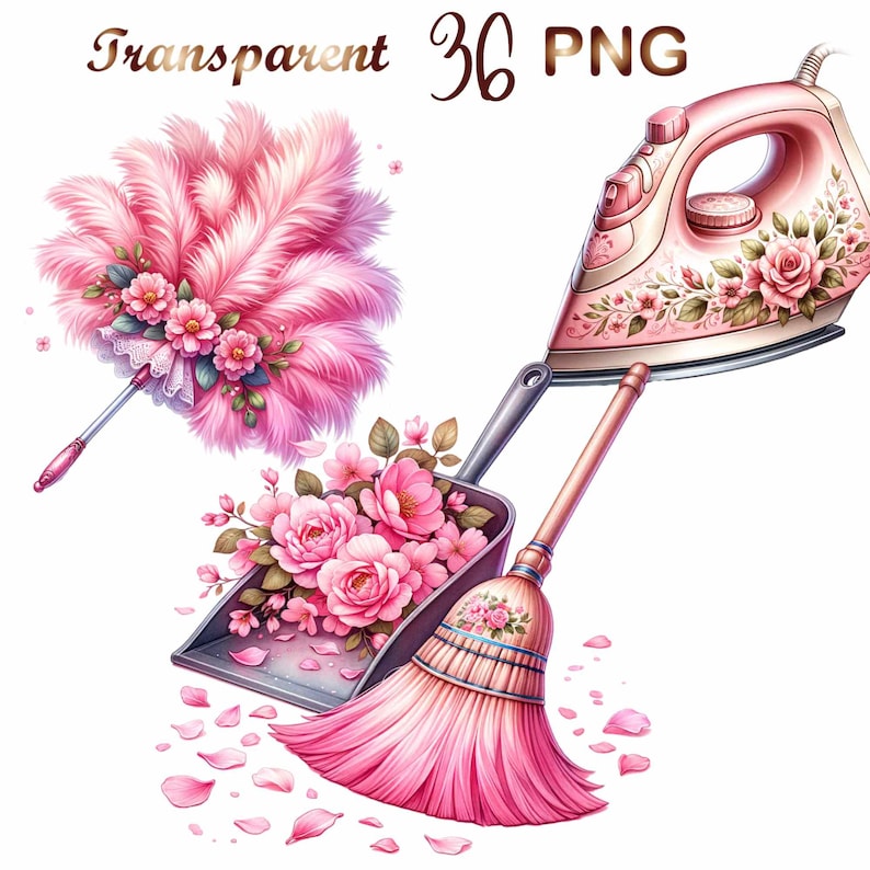 May include: A set of three pink cleaning tools with floral accents. A pink feather duster, a pink broom with a wooden handle, and a pink iron with floral designs.