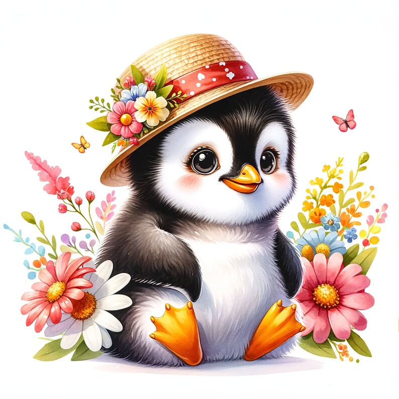 May include: A cute cartoon penguin wearing a straw hat with red polka dots and flowers. The penguin is sitting in a field of colorful flowers.
