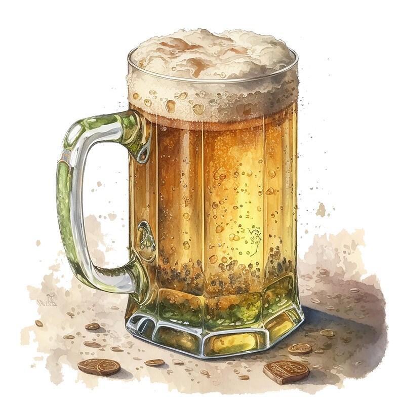 Pu&ograve; includere: Una boccale di vetro riempita di birra dorata chiara con una spessa testa di schiuma bianca. Il boccale ha un manico di vetro trasparente e si trova su una superficie marrone con macchie marroni sparse.