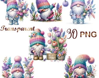 30 PNG, Watercolor Spring Gnome Clipart Bundles, Gnome With Flowers, Clipart For Gardeners, Spring Gnomes, Sublimation Designs Downloads