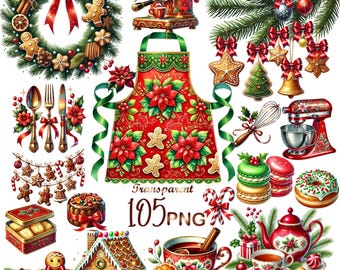Christmas Baking Clipart Bundle 105 PNG, Holiday Kitchen, Gingerbread, Sweets, Cookware, Cutlery, Watercolor Christmas PNG, Digital Download