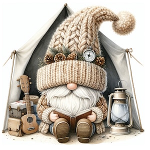 Paquete de 30 archivos JPG, paquete de imágenes prediseñadas de gnomos de camping con acuarela, paquete de imágenes prediseñadas de gnomos de camping, diario de viaje de gnomos, descarga digital, uso comercial