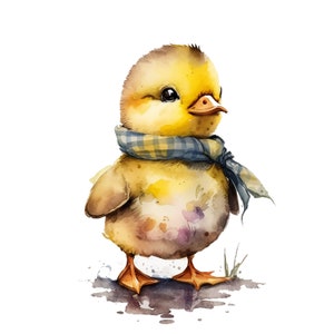 May include: A watercolor painting of a yellow chick wearing a blue and white checkered scarf. The chick is standing on a brown surface with a few green blades of grass.