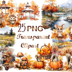 25 Watercolor Autumn day png,  Autumn png, Autumn Sublimation, Commercial use, Digital Download,Watercolor Clipart