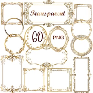 Könnte beinhalten: Eine Sammlung verzierter, goldfarbener Rahmen und dekorativer Elemente. Das Bild enthält rechteckige, kreisförmige und ovale Rahmen mit aufwendigen Blumen- und Scrollwork-Designs. Das Wort "Transparent" wird in einer dekorativen Schriftart angezeigt. Die Zahl "60" und das Wort "PNG" sind ebenfalls sichtbar.
